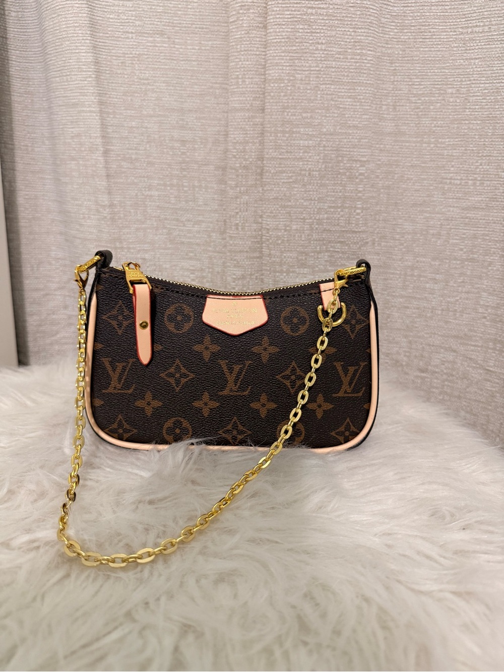 Louis Vuitton Brown Monogram Mini Pochette with Pink Trim and Gold Chain